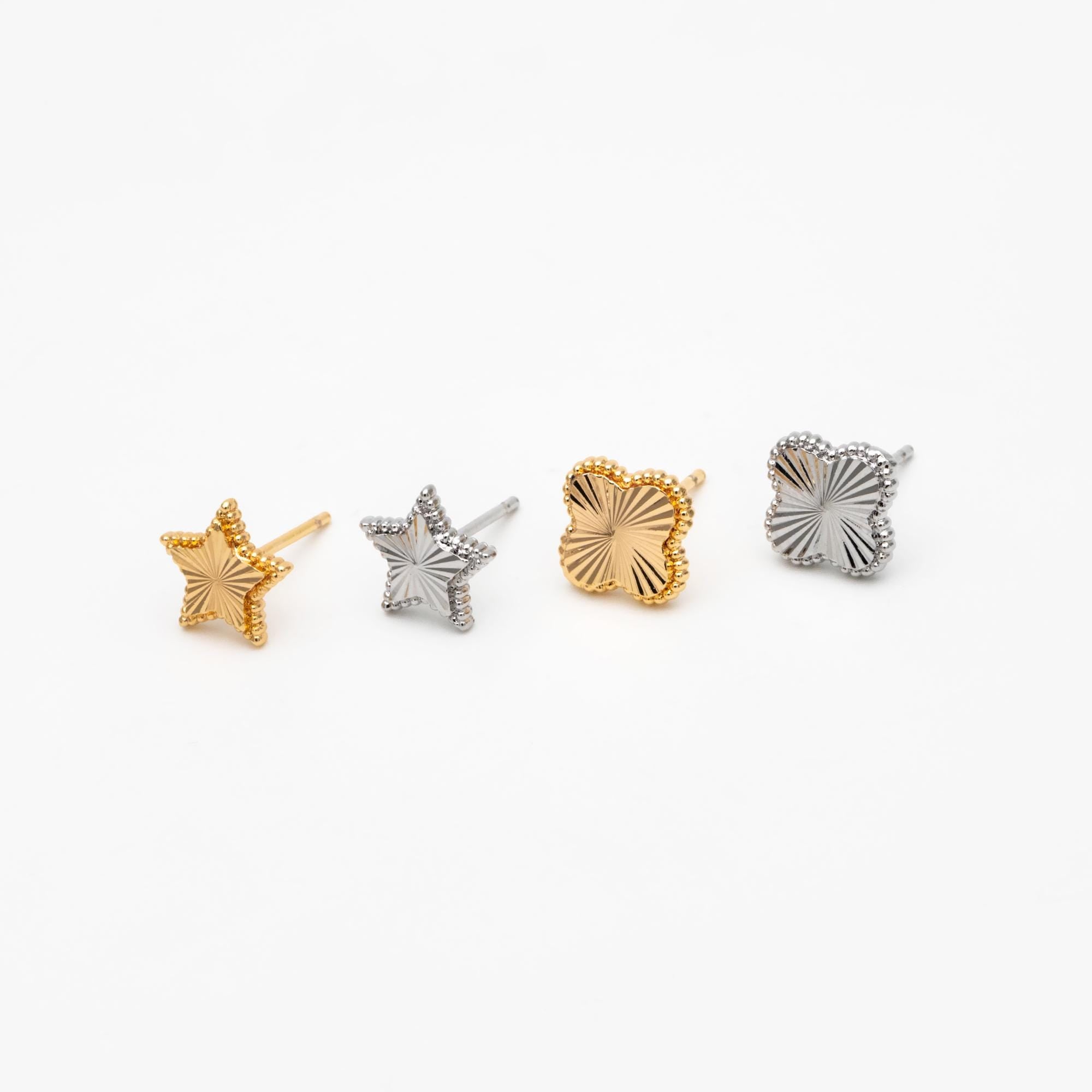 10pcs Gold/ Silver Tone Star/ Clover Earrings, Real Gold/ Rhodium plated Brass, Geometric Earring Studs (GB-4619)